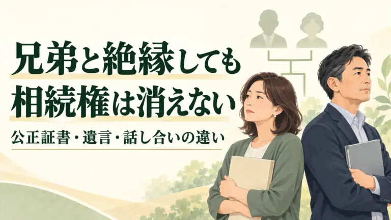 兄弟と絶縁しても相続権は消えない。公正証書・遺言・話し合いの違い。別々の方向を向いて書類を持つ架空の姉弟。