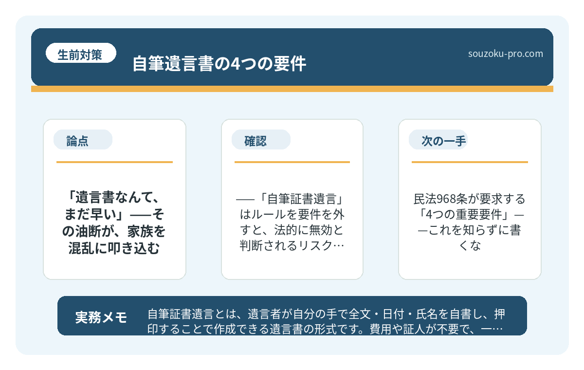 民法968条が要求する「4つの重要要件」——これを知らずに書くな。