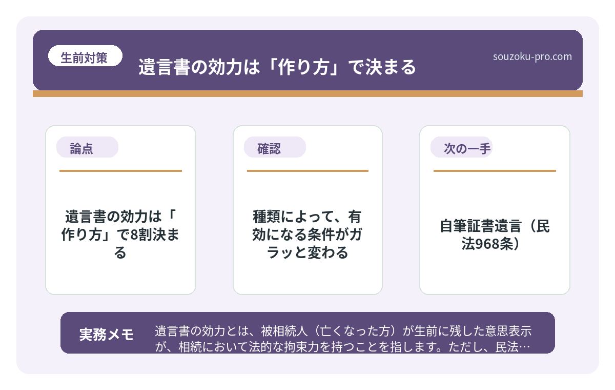 で、結論から言うと。遺言書の効力は「作り方」で8割決まる
