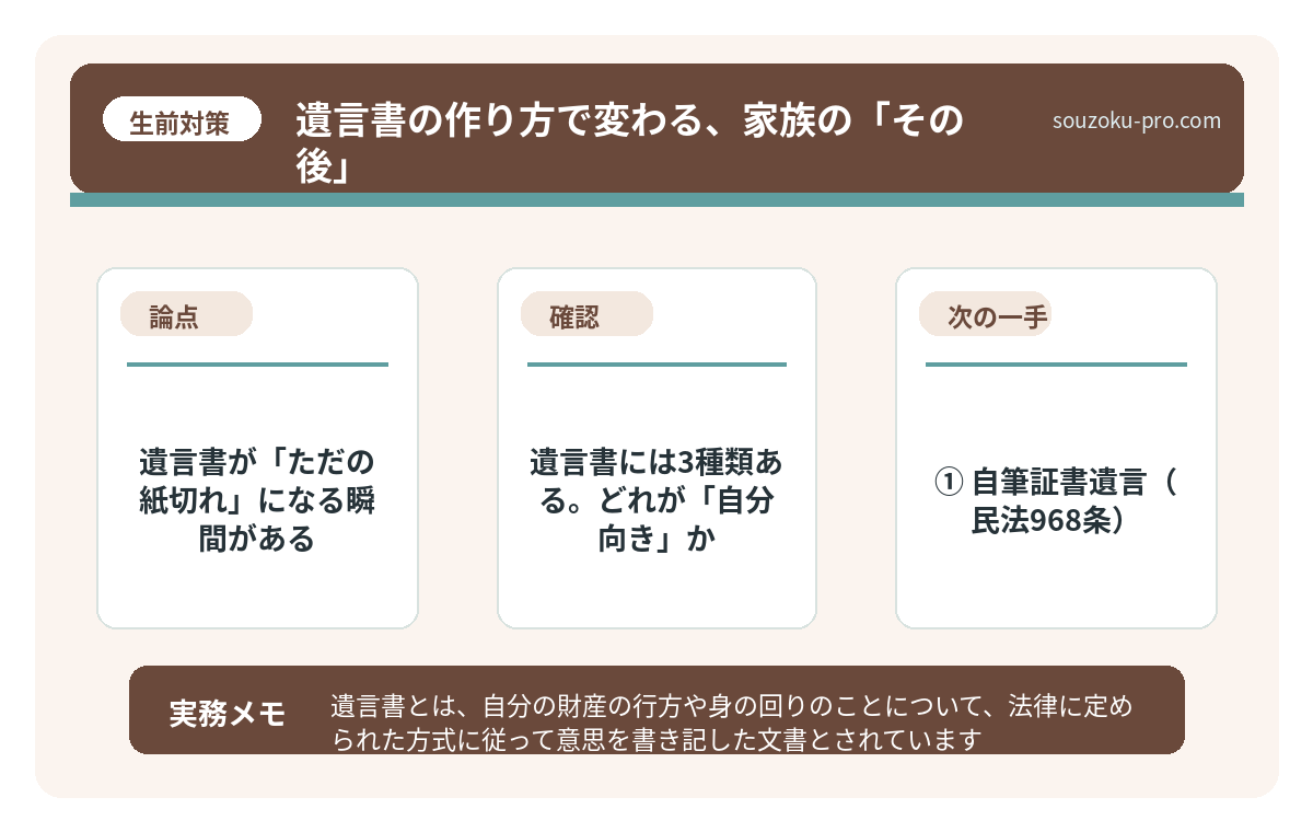 遺言書には3種類ある。どれが「自分向き」か