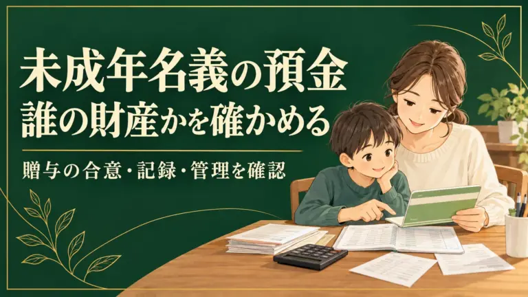 未成年名義の預金。誰の財産かを確かめる。贈与の合意・記録・管理を確認する母と子。