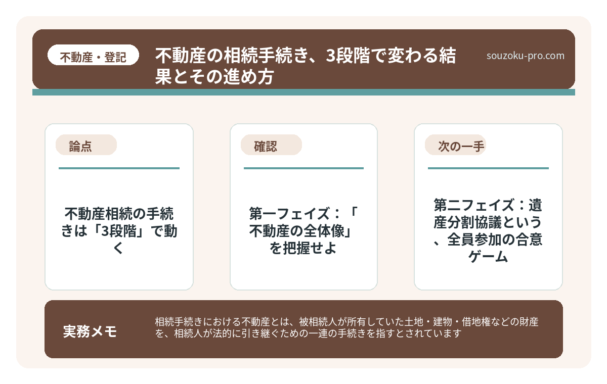 で、結論から言うと。不動産相続の手続きは「3段階」で動く