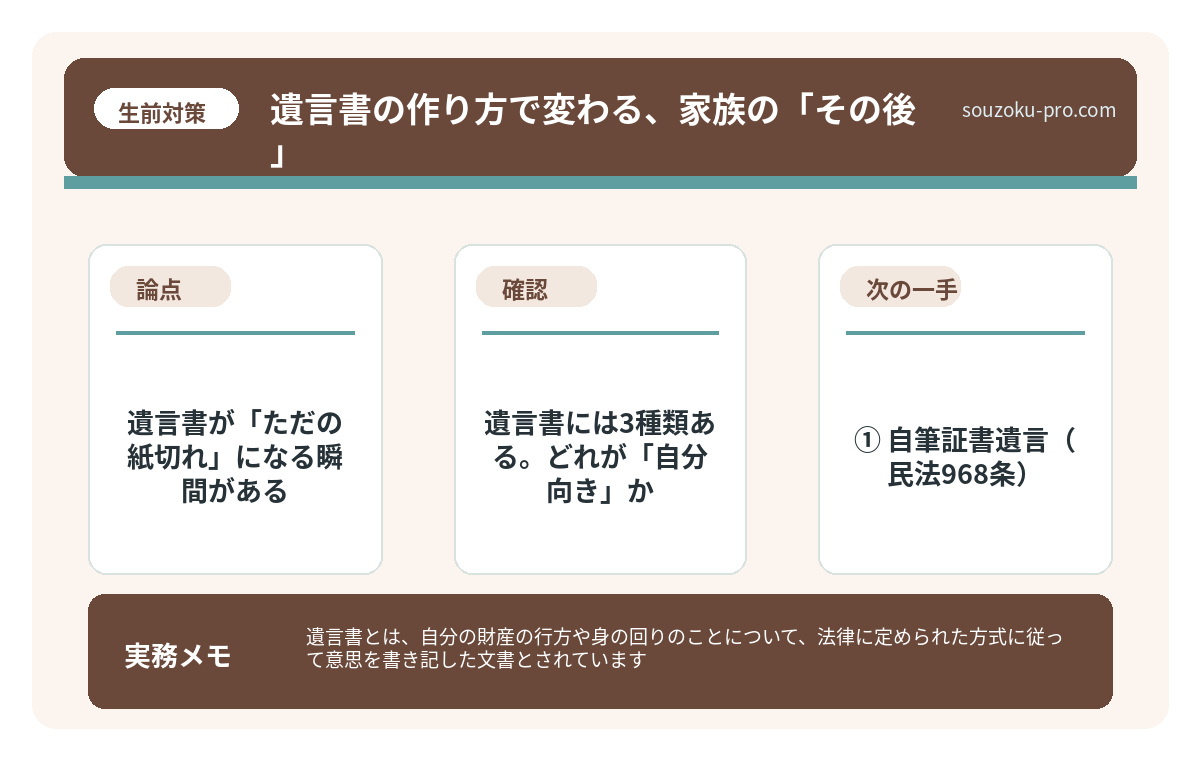遺言書には3種類ある。どれが「自分向き」か